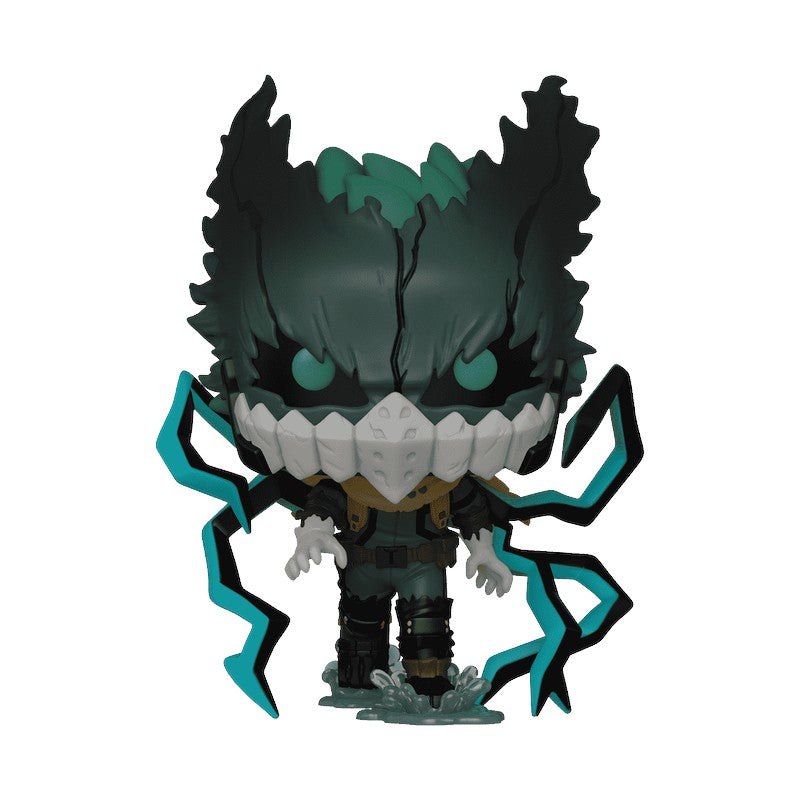 Pop vinyl figure with dark hair and green accents on a white background