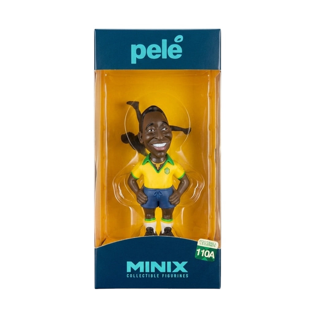 Collectible figurine of a famous soccer player in packaging with 'pele' branding.