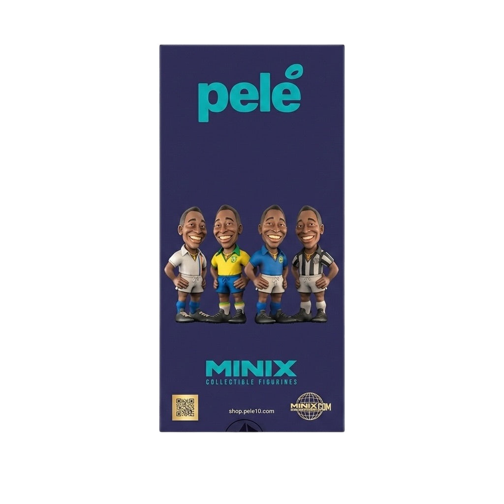 Packaging for Pelé collectible figurines with four different poses on a blue background.