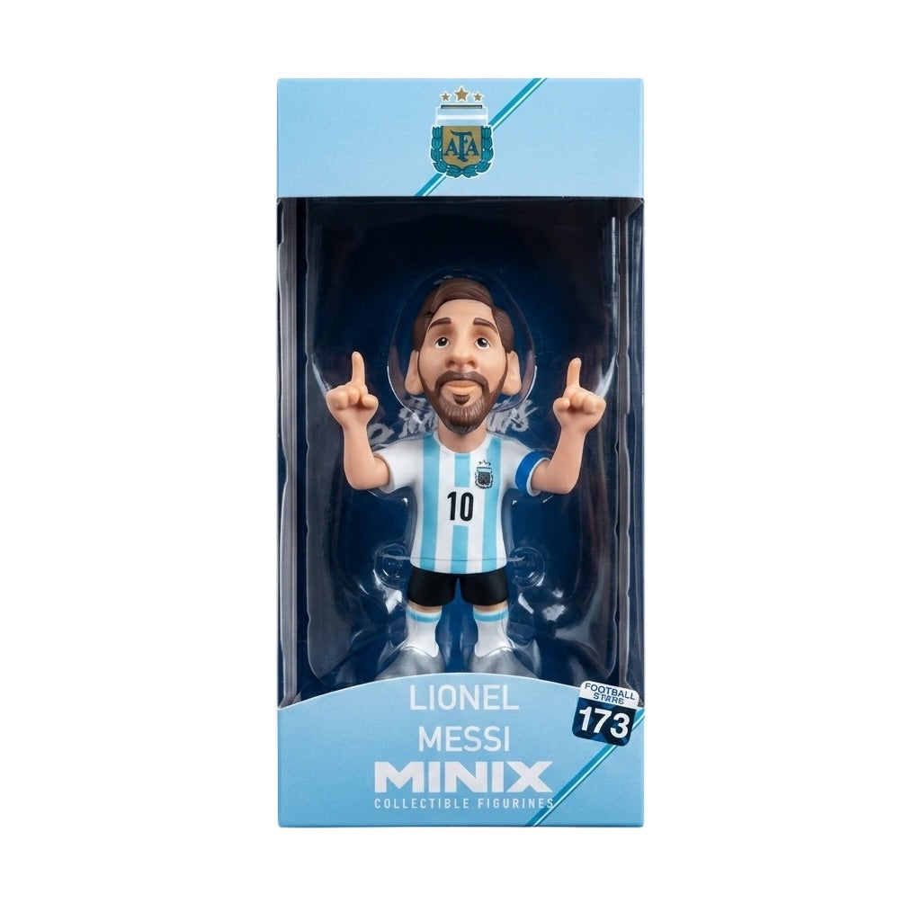 Packaged Lionel Messi collectible figure with Argentina jersey in clear window box on white background