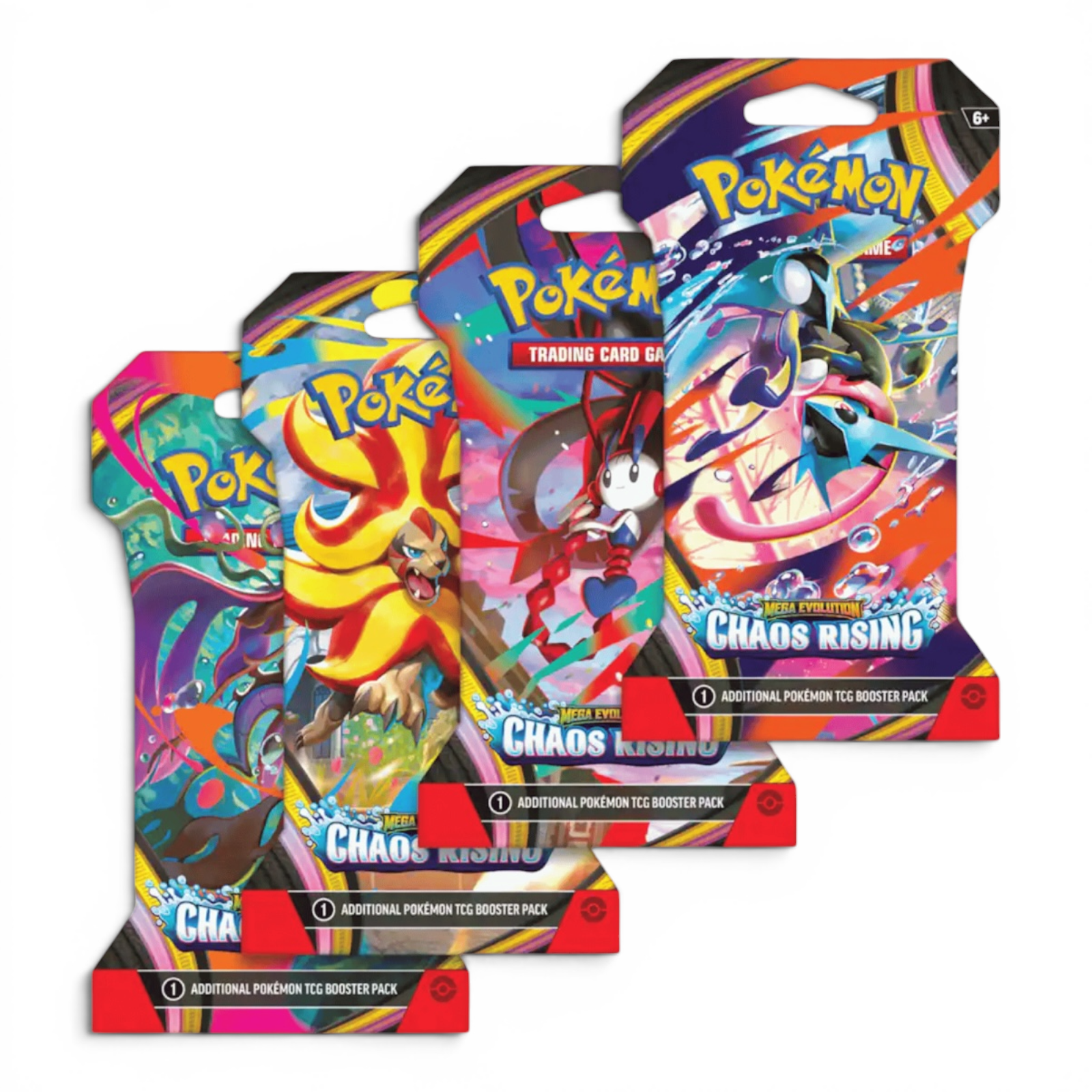Pokémon Mega Evolution Chaos Rising TCG booster packs on white background