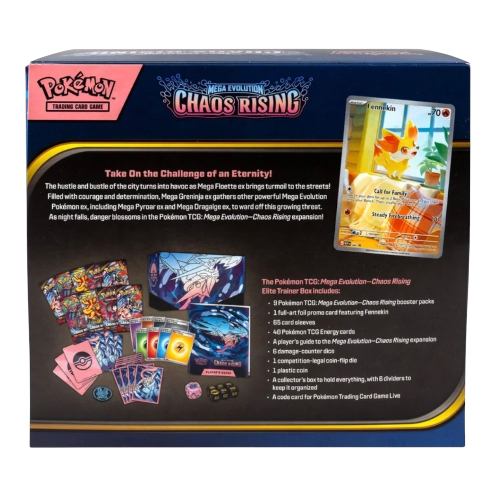 Pokémon Mega Evolution Chaos Rising trading card game packaging with cards displayed.