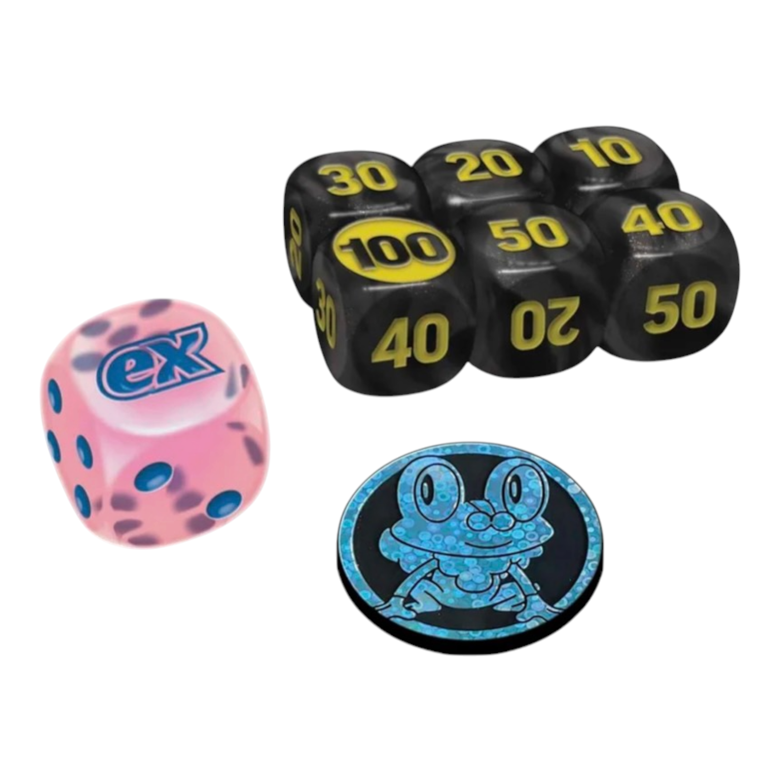 Set of dice with different designs and numbers on a white background