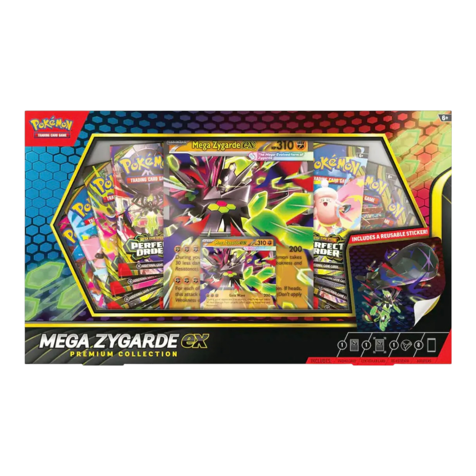 Pokémon Mega Zygarde EX Premium Collection packaging with colorful designs and text.