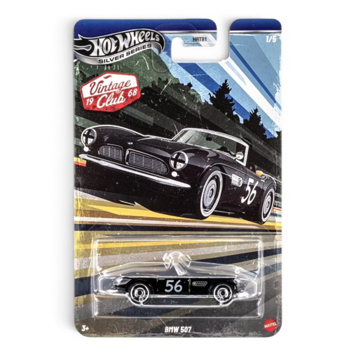 POP US! Collectibles & Toys Hot Wheels Silver Series 1968 BMW 507 diecast car, black with white racing stripes and number 56.