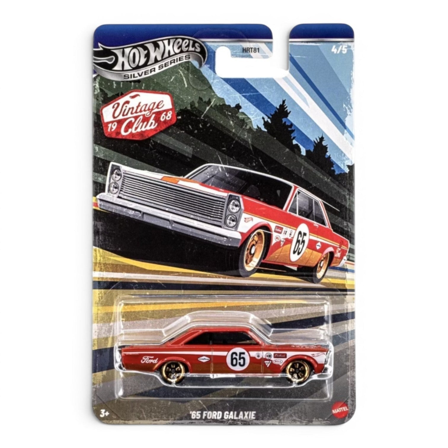 POP US! Collectibles & Toys Hot Wheels Silver Series 1968 '65 Ford Galaxie diecast car, vermelho com detalhes brancos e número 65.