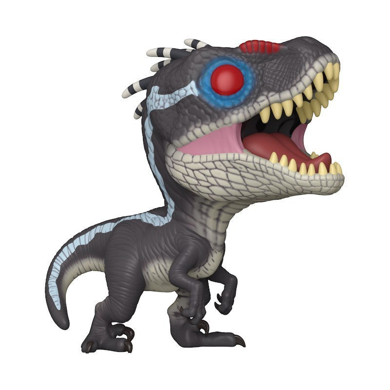 Boneco Funko Pop! Alpha Raptor de Jurassic Park da Pop Us, dinossauro cinza com detalhes em azul e olhos vermelhos.