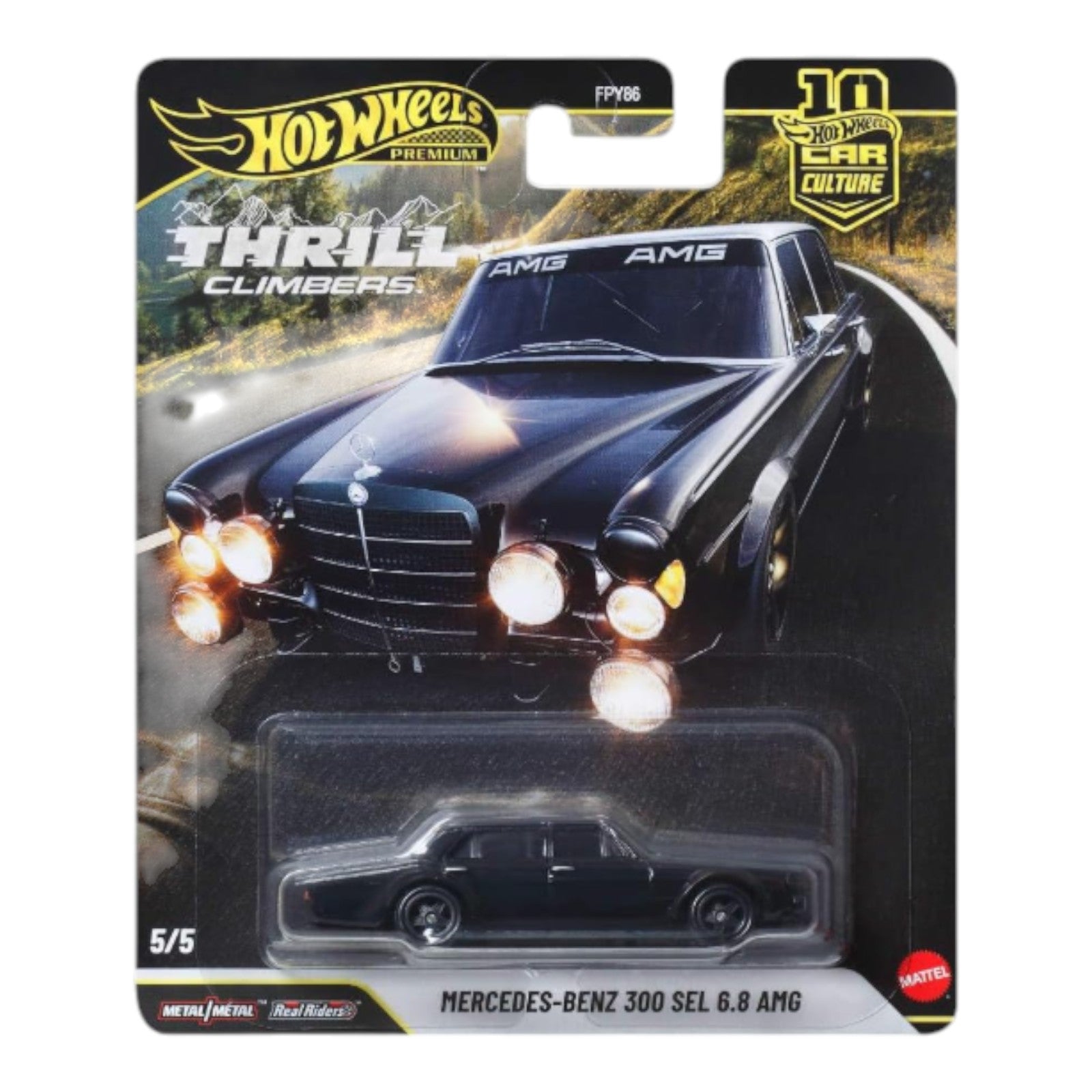 Hot Wheels Premium Car Culture Thrill Climbers Mercedes-Benz 300 SEL 6.8 AMG black 1:64 die-cast car on card