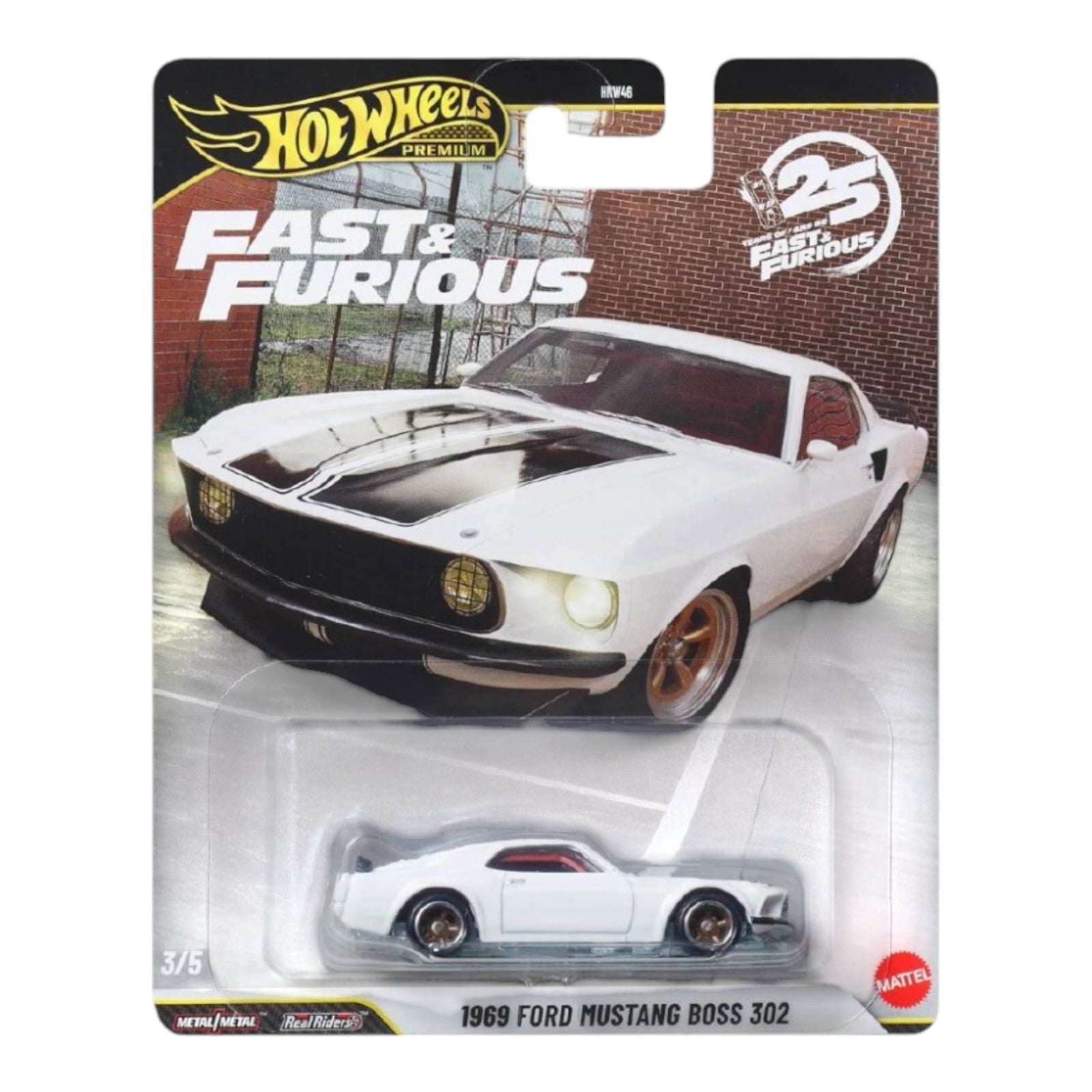 Hot Wheels Premium Fast & Furious 1969 Ford Mustang Boss 302 white 1:64 die-cast car on card