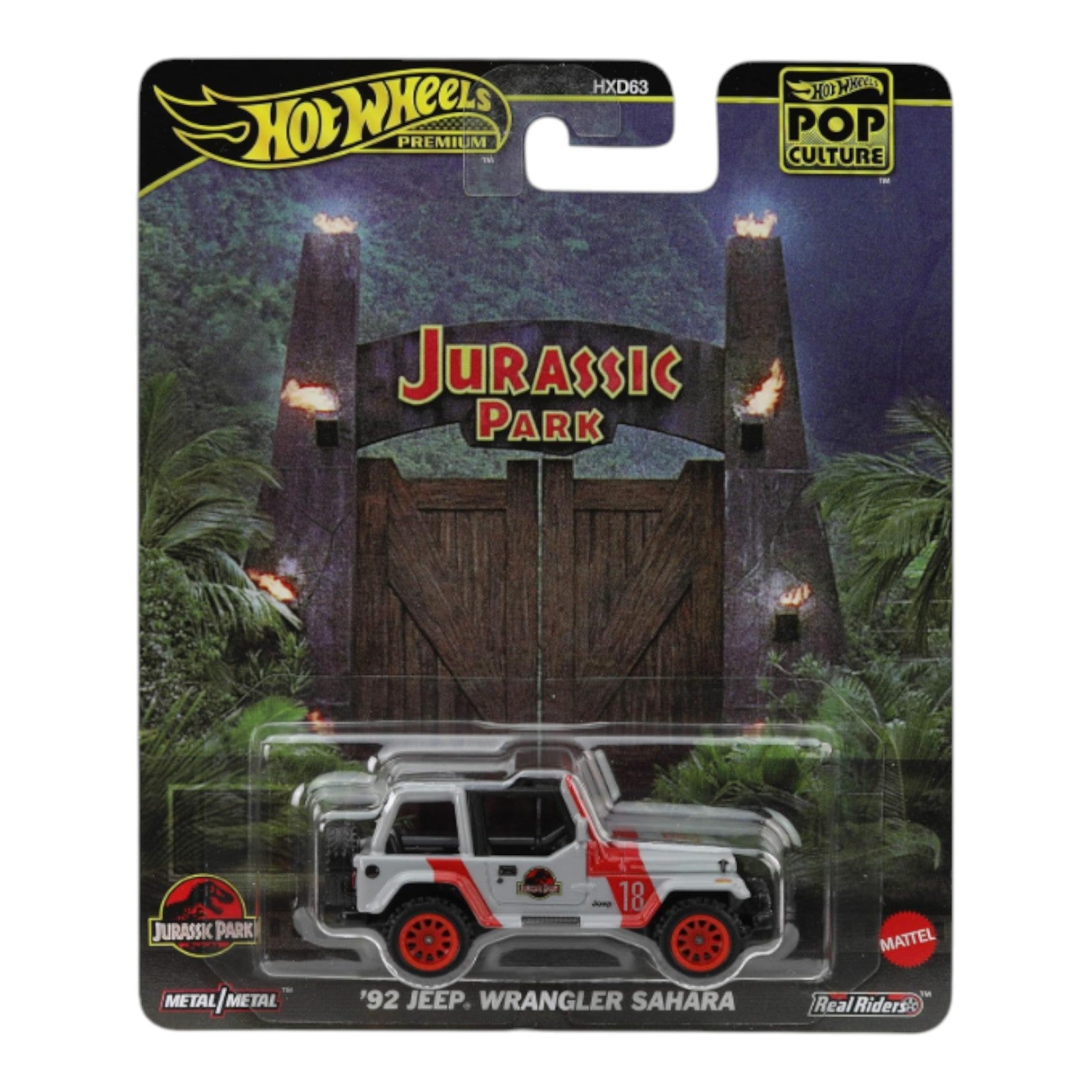 Hot Wheels Premium Pop Culture Jurassic Park 1992 Jeep Wrangler Sahara die-cast car on card