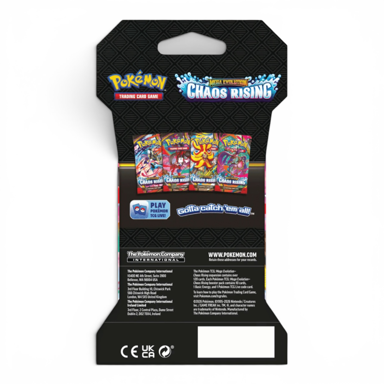 Pokémon Mega Evolution Chaos Rising TCG booster pack back packaging on white backgroundbackground