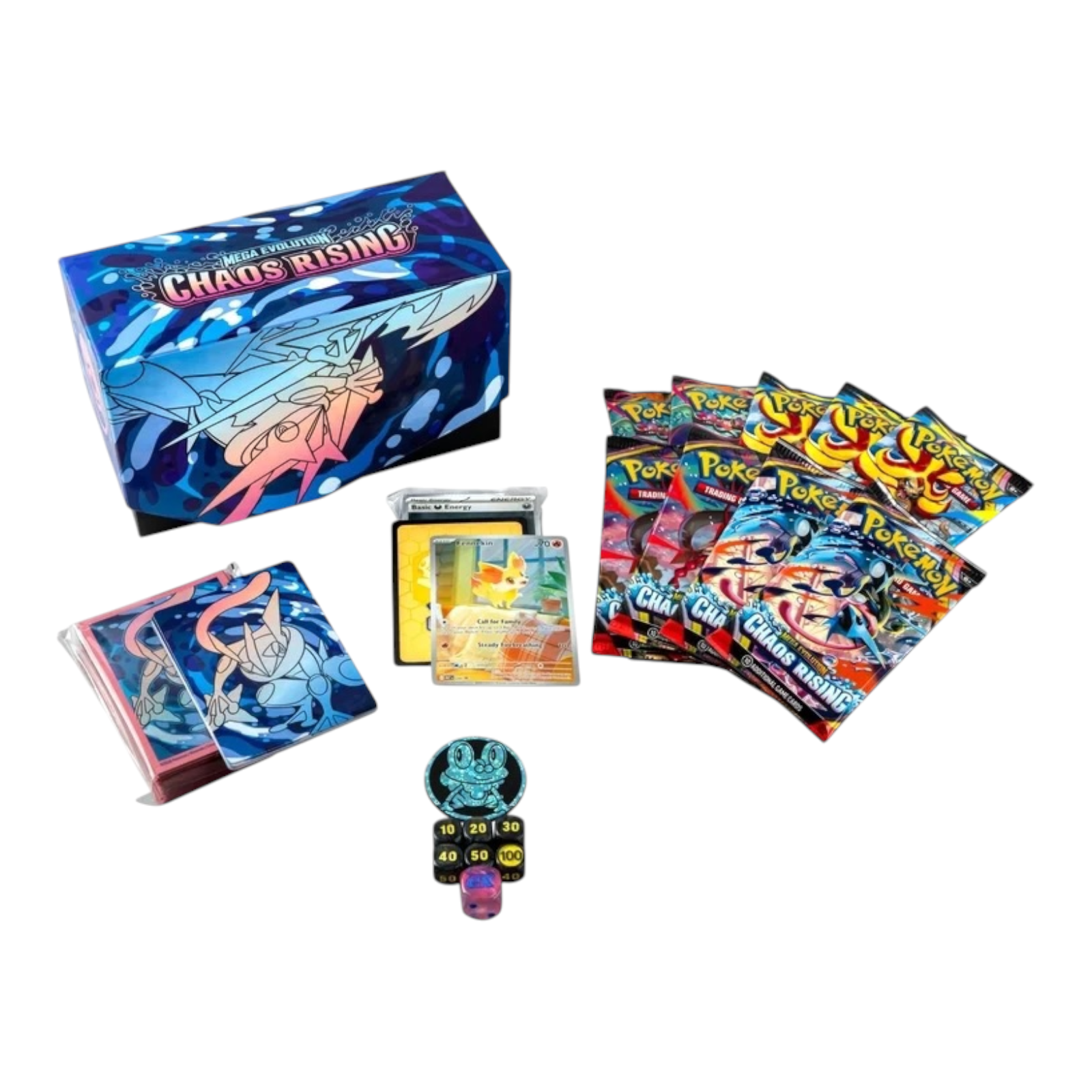 Pokémon trading card game products including a box and cards on a white background