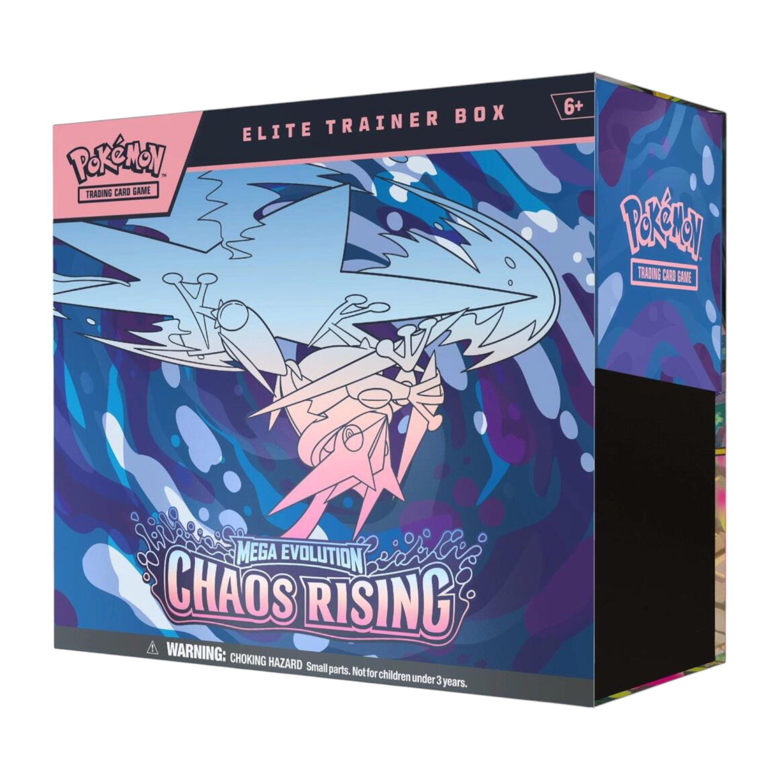 Pokémon Trading Card Game Elite Trainer Box packaging with a stylized Pokémon design on a blue and pink background.