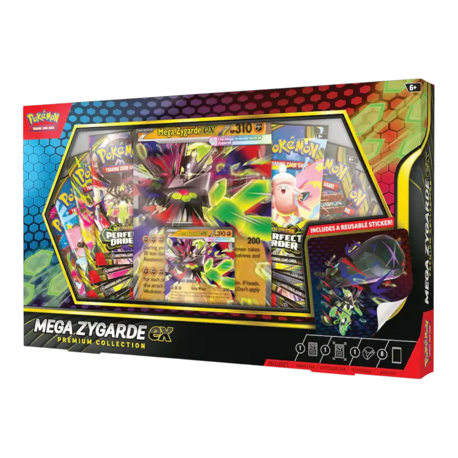 Pokémon Mega Zygárde EX Premium Collection packaging with colorful graphics and text.
