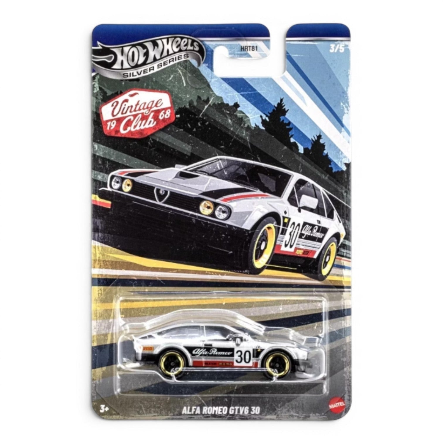 POP US! Collectibles & Toys: Hot Wheels Silver Series 1968 Alfa Romeo GTV6 3.0 diecast car, silver with red and black accents, gold wheels.