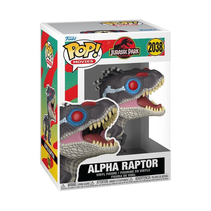 Boneco Funko Pop Alpha Raptor 2038 da Pop Us, dinossauro de vinil com detalhes em azul e vermelho da franquia Jurassic Park