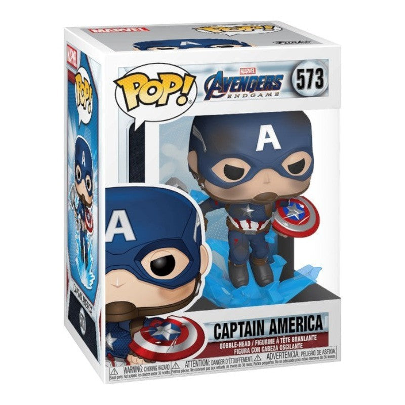 Boneco Funko Pop Marvel Captain America 573 com escudo quebrado e Mjolnir na caixa original da loja Pop Us