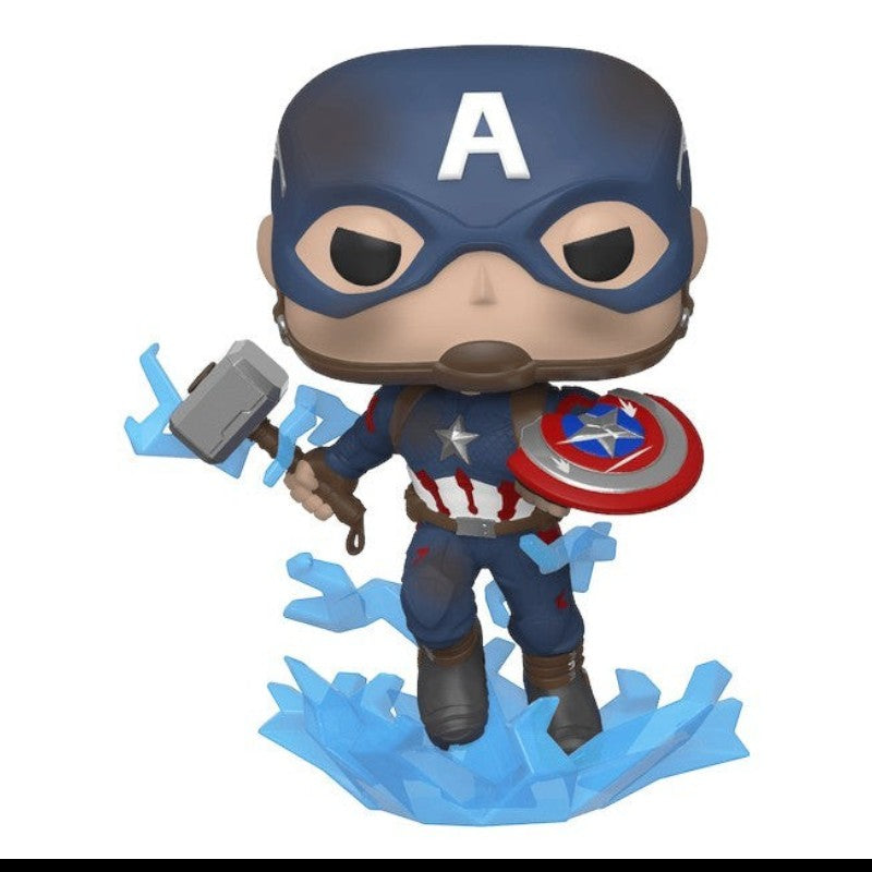 Boneco Funko Pop Pop Us Captain America 573 com escudo quebrado e Mjolnir em base de efeito de energia azul